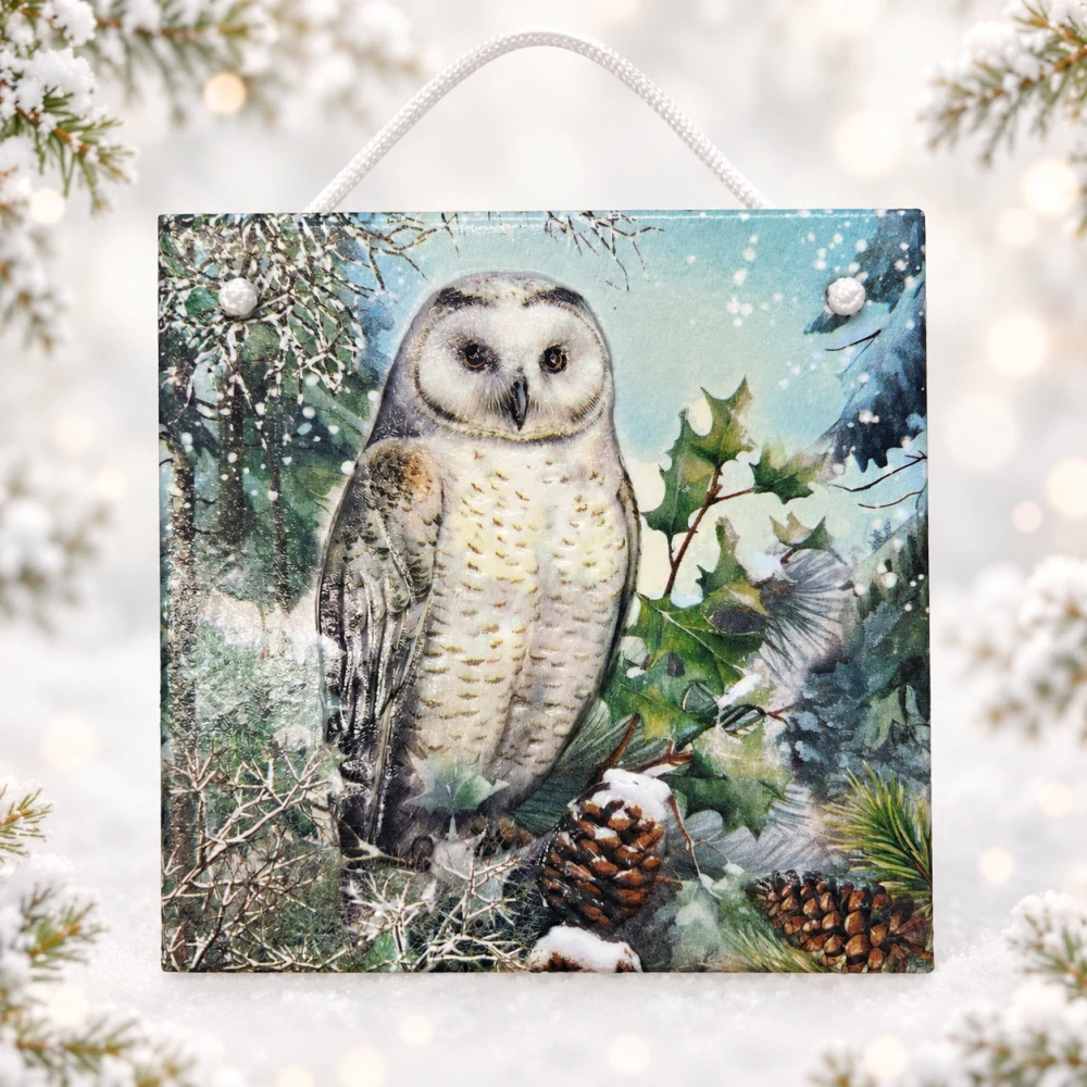 🦉❄️ Keramická dlaždice – Sova v zimním lese 🌲✨   