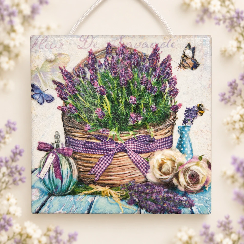 💜🦋 Keramická dlaždice – Košík plný levandule 🌿✨