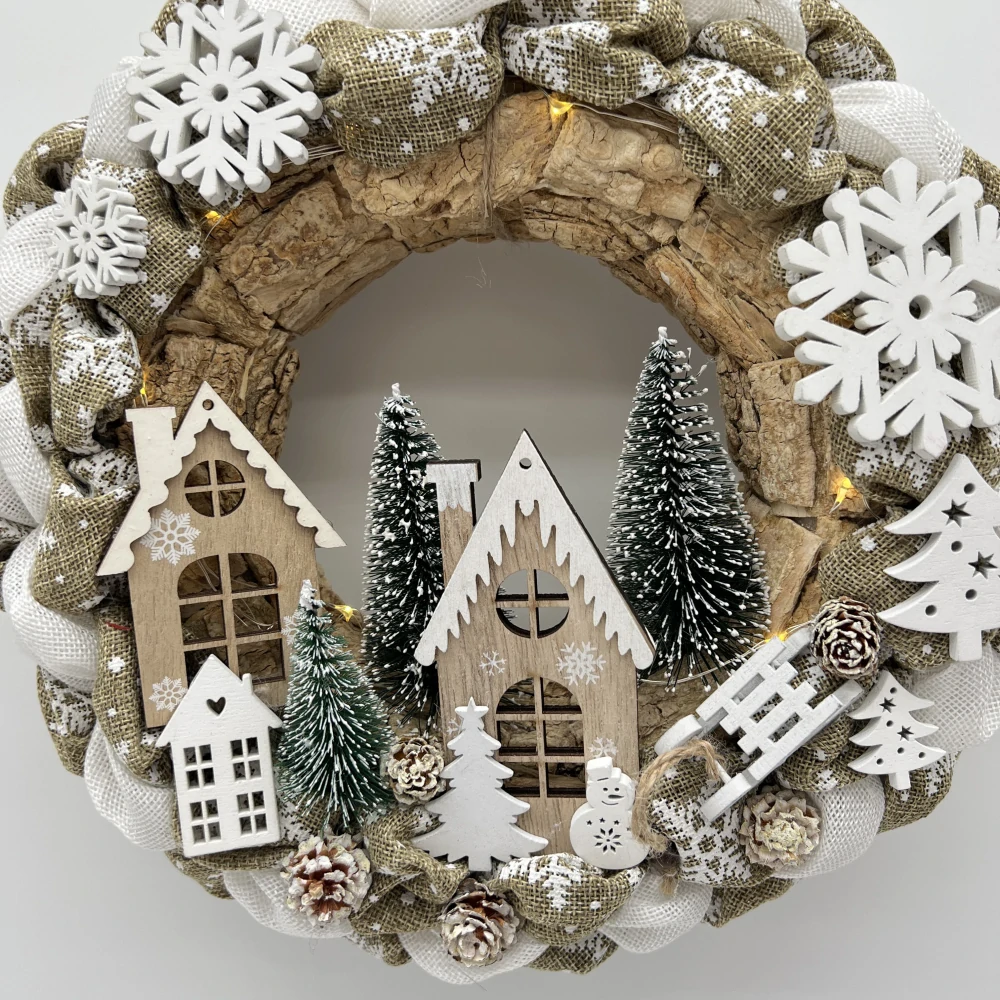 🏡❄️ Zimní věnec s domečky a LED osvětlením