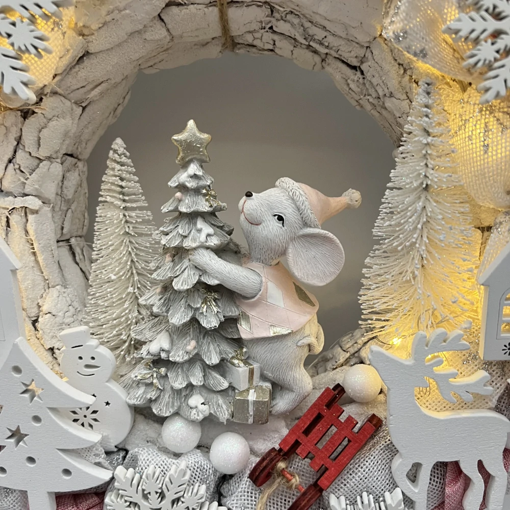 🐭🎄 Zimní věnec s myškou a LED osvětlením