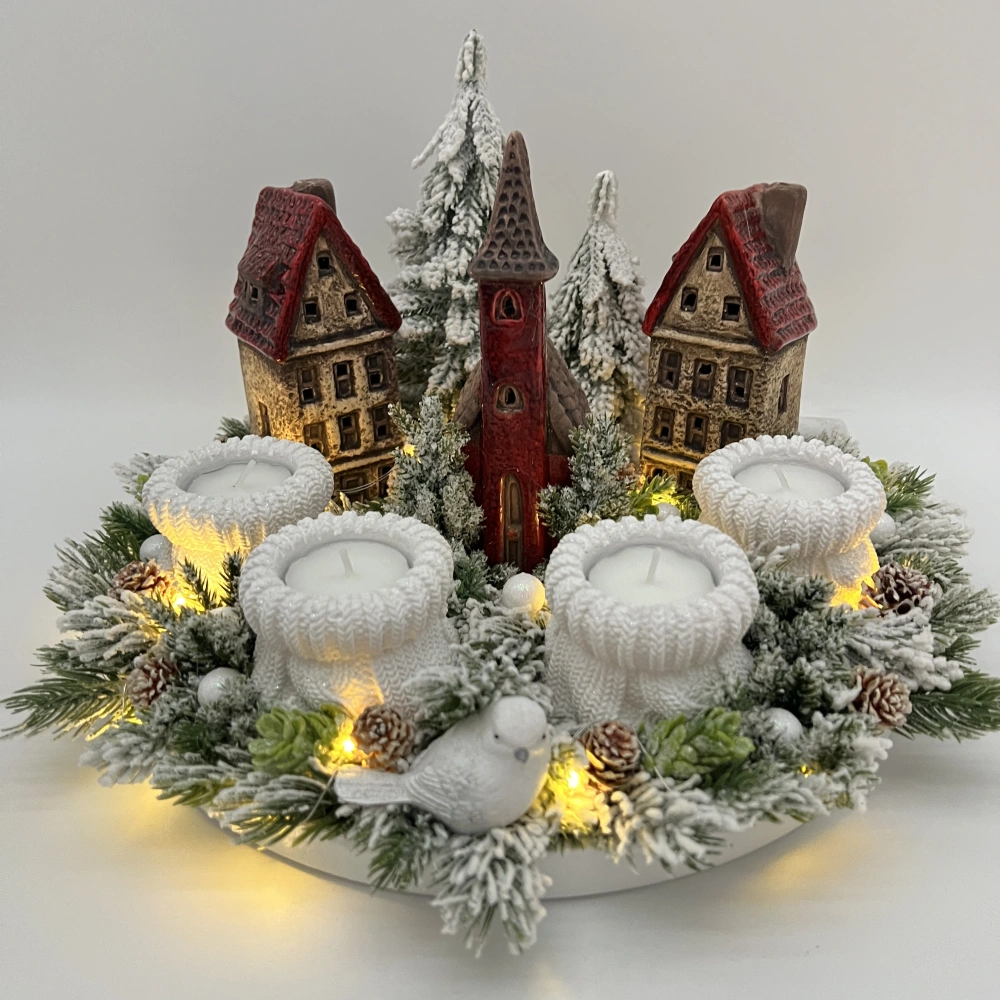 🎄🏘️ Adventní věnec s keramickými domečky a LED osvětlením ✨