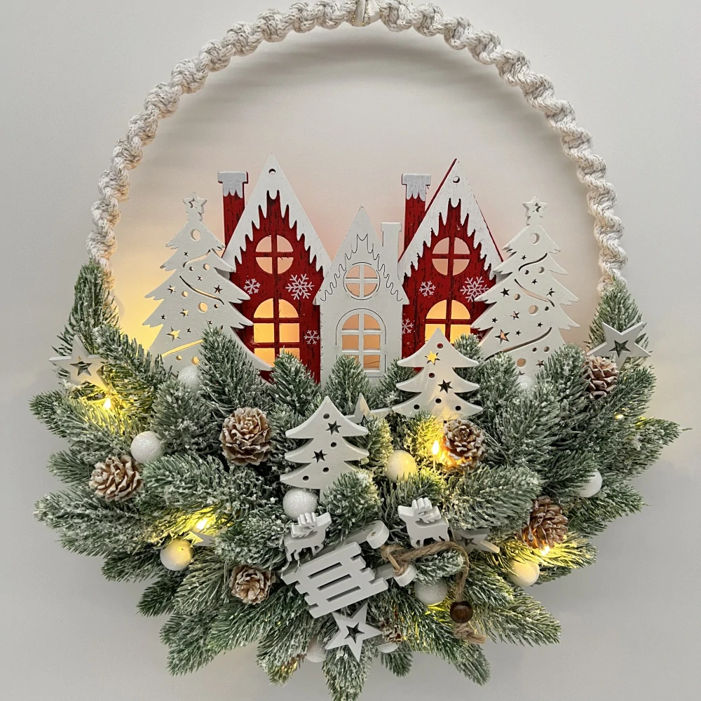 🏡❄️ Závěsná zimní dekorace s červenými domečky a LED osvětlením