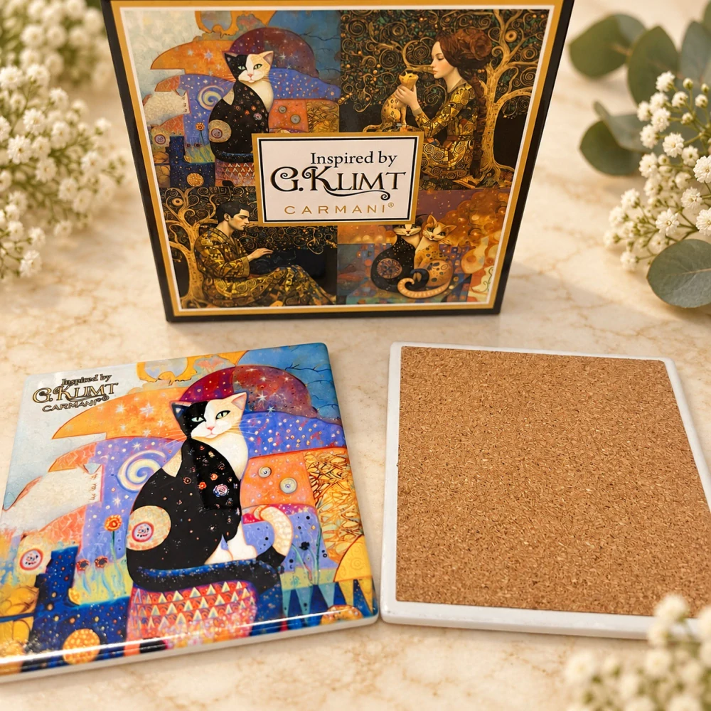 🐱🎨 Sada 2 keramických podtácků CARMANI – kočky ve stylu Gustava Klimta