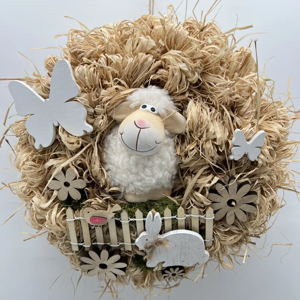 NOVÁ CENA - JARNÍ DEKORACE VĚNEC NA DVEŘE S FIGURKOU OVEČKY