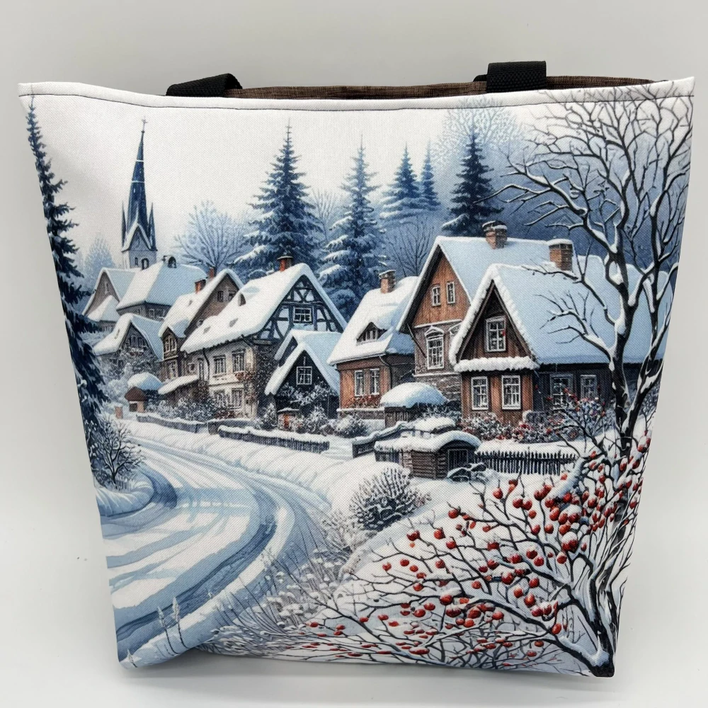 👜 Designová taška – „Zimní vesnička v horách“