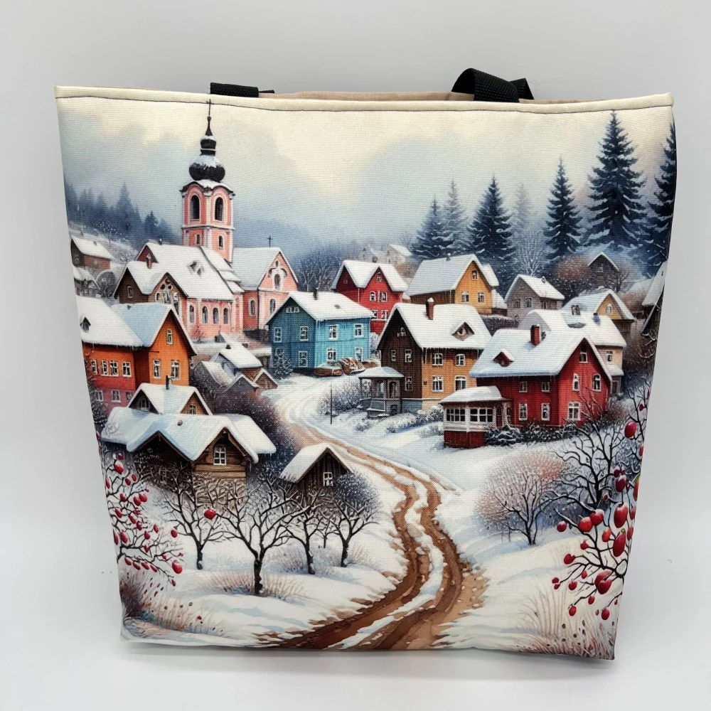 👜 Designová taška – „Zimní pohádková vesnička“