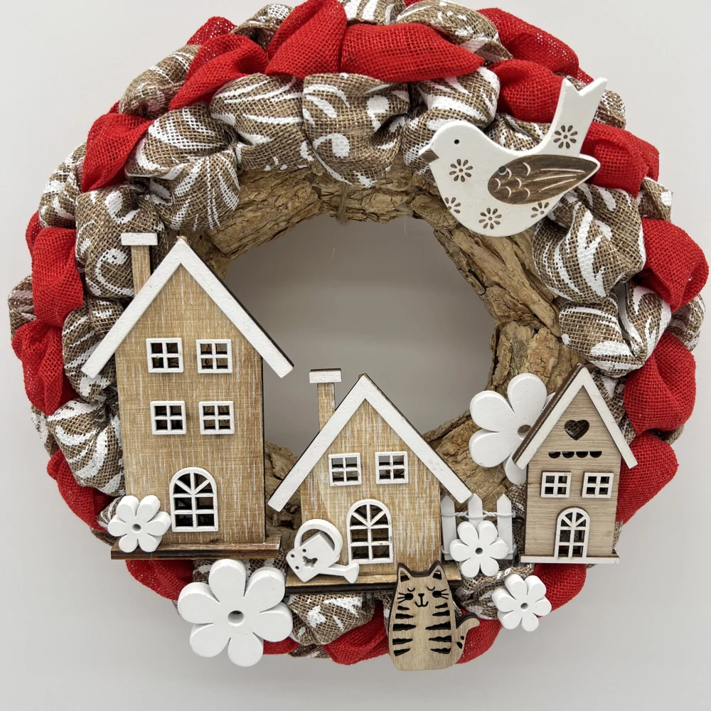 🏡 Věnec „Vesnička s kočičkou“ – přírodní s červenou jutou