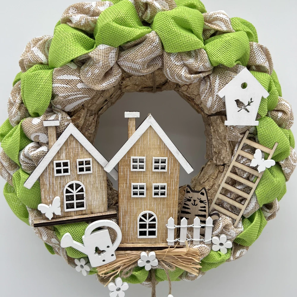 🌿🏡 Dekorační věnec s domečky – zelený rustikální styl 🏡🌿