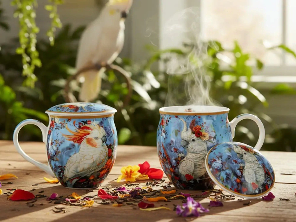 📝 Hrnek buclák 450 ml se sítkem a víčkem – Papoušek kakadu 🦜🌺