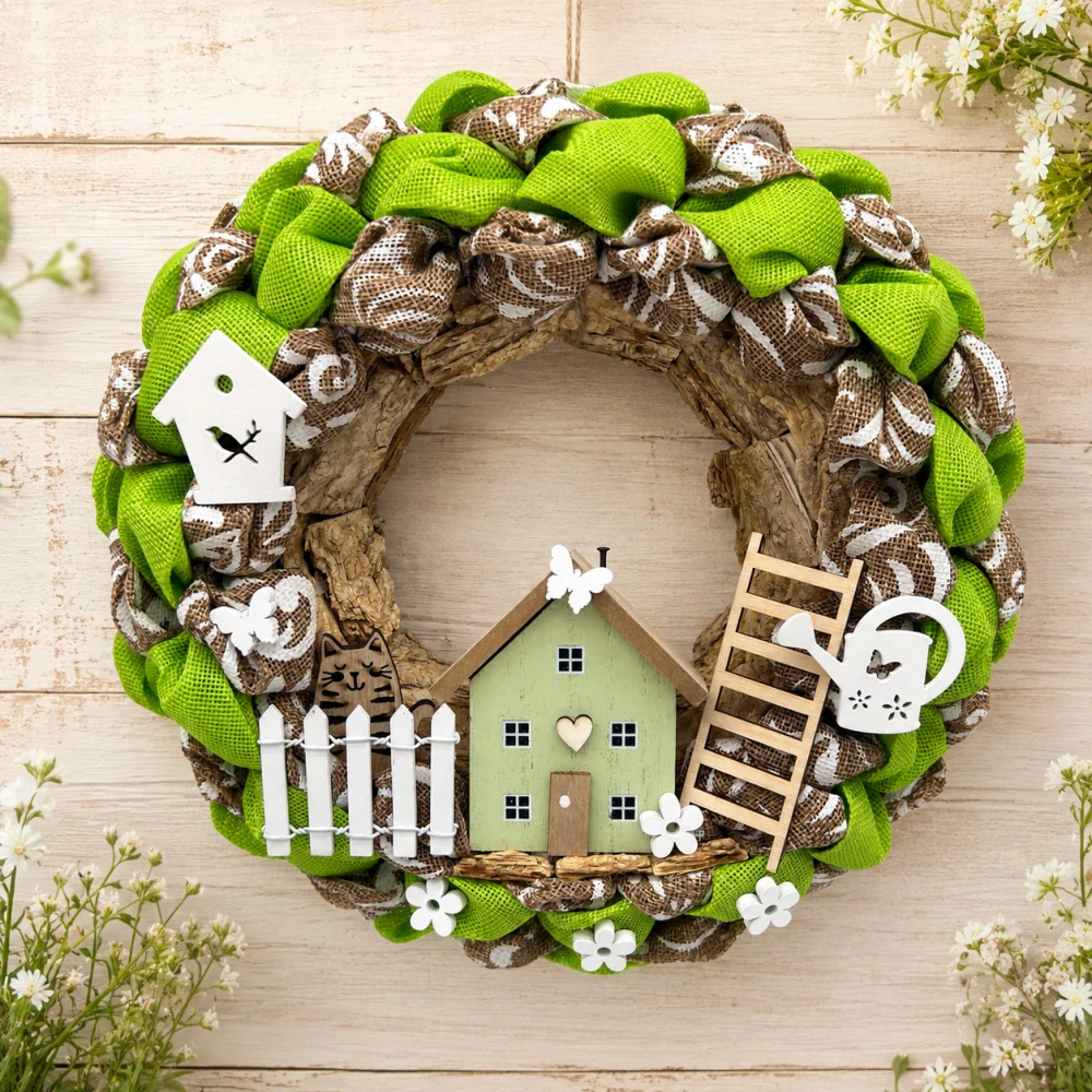 🏡🌿 Jarní věneček s domečkem a přírodními dekoracemi ✨💚