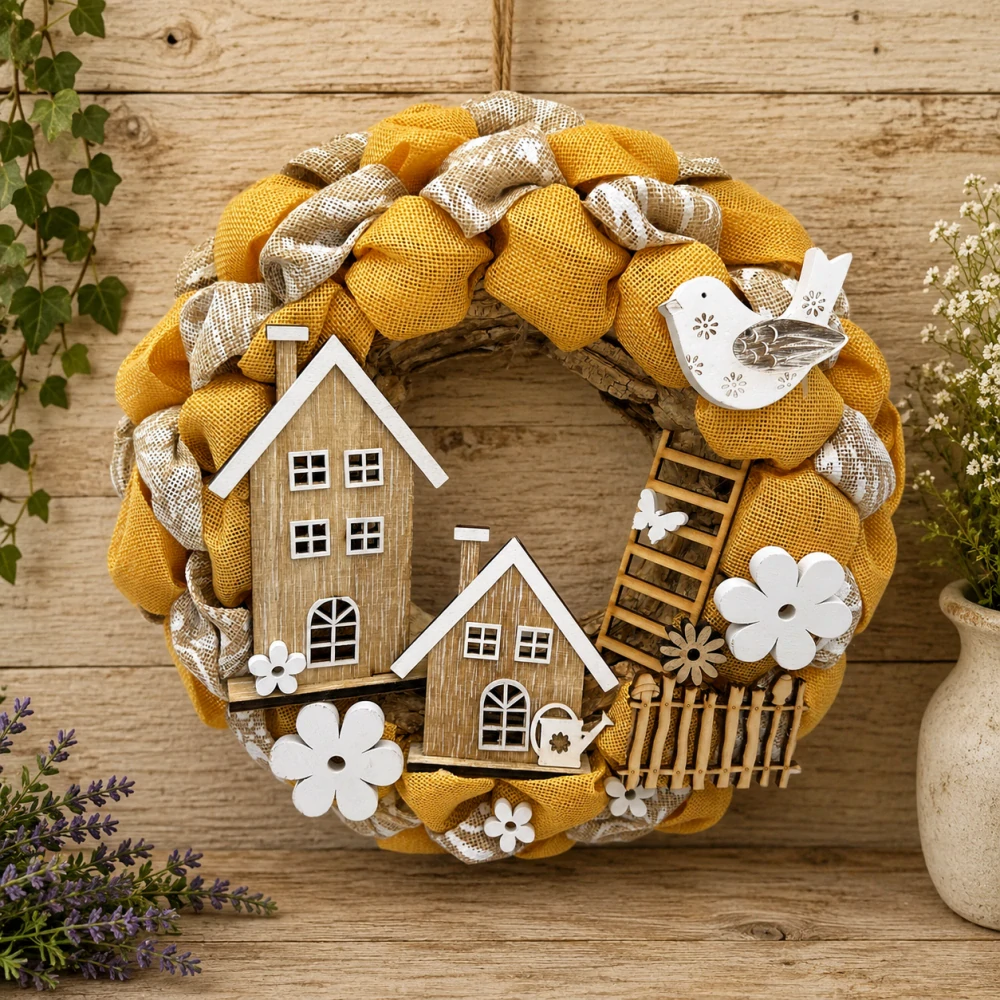 💛🏡 Jarní věneček se žlutými domečky a ptáčkem ✨🌼