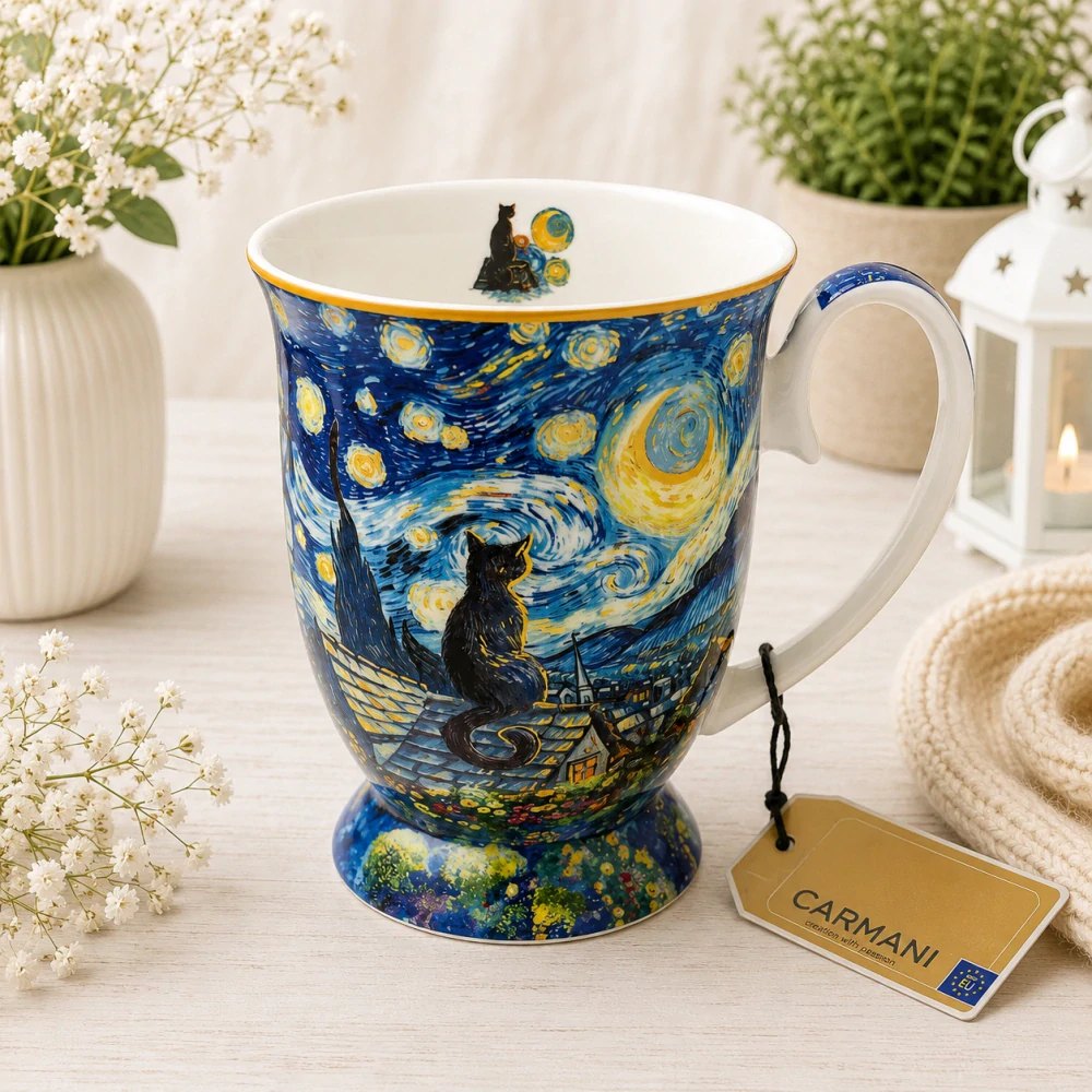 🎨💙 Dárková sada 2 porcelánových šálků ve tvaru srdce – inspirováno Vincentem van Goghem ❤️☕