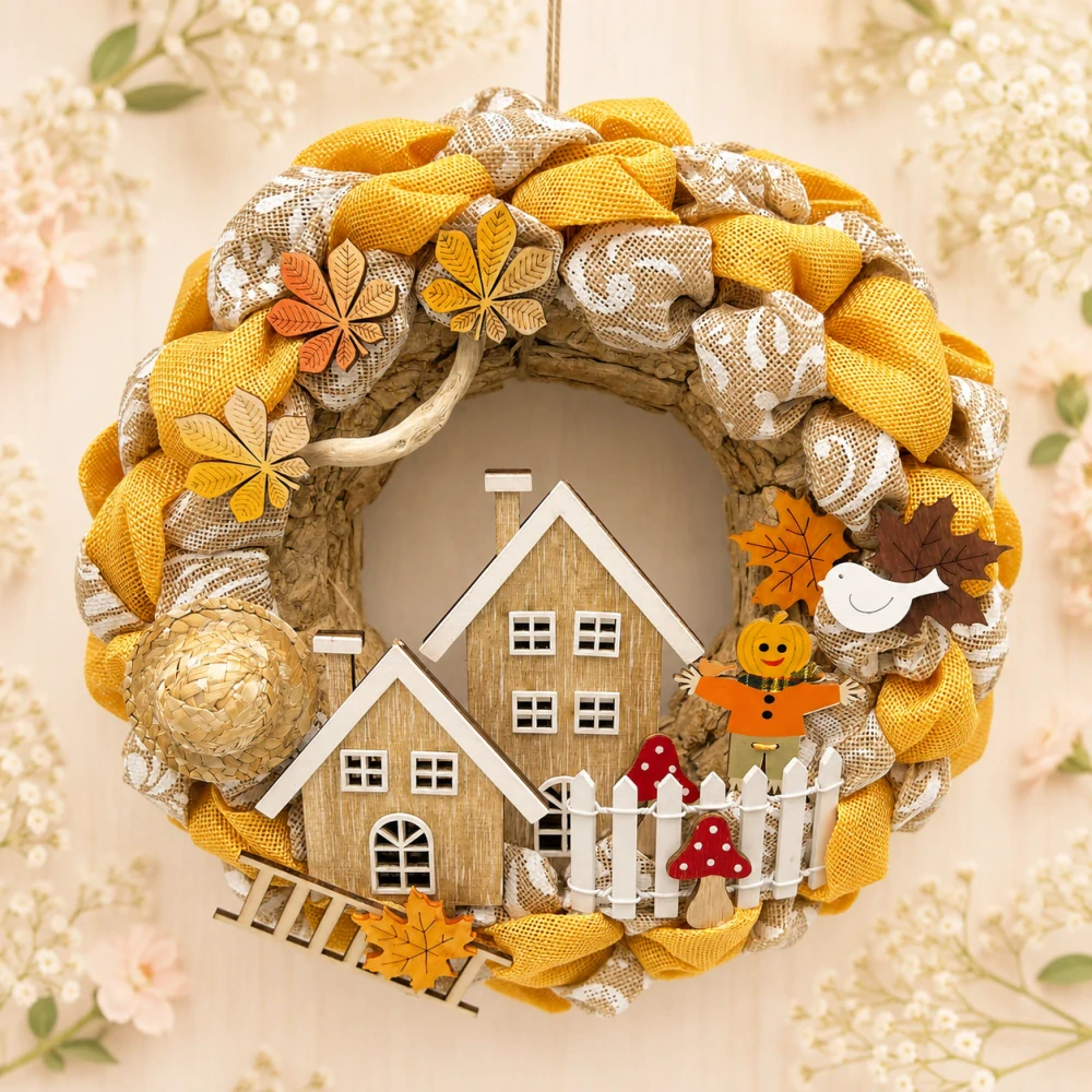 🍂🏡 Rustikální podzimní věnec s domečky 🏡🍂