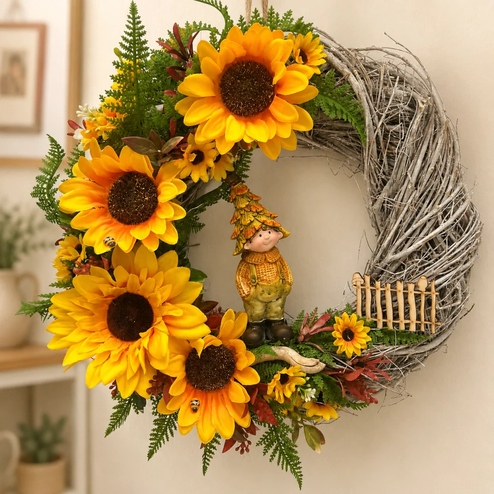 🌻 Podzimní věnec se slunečnicemi a figurkou 🍂