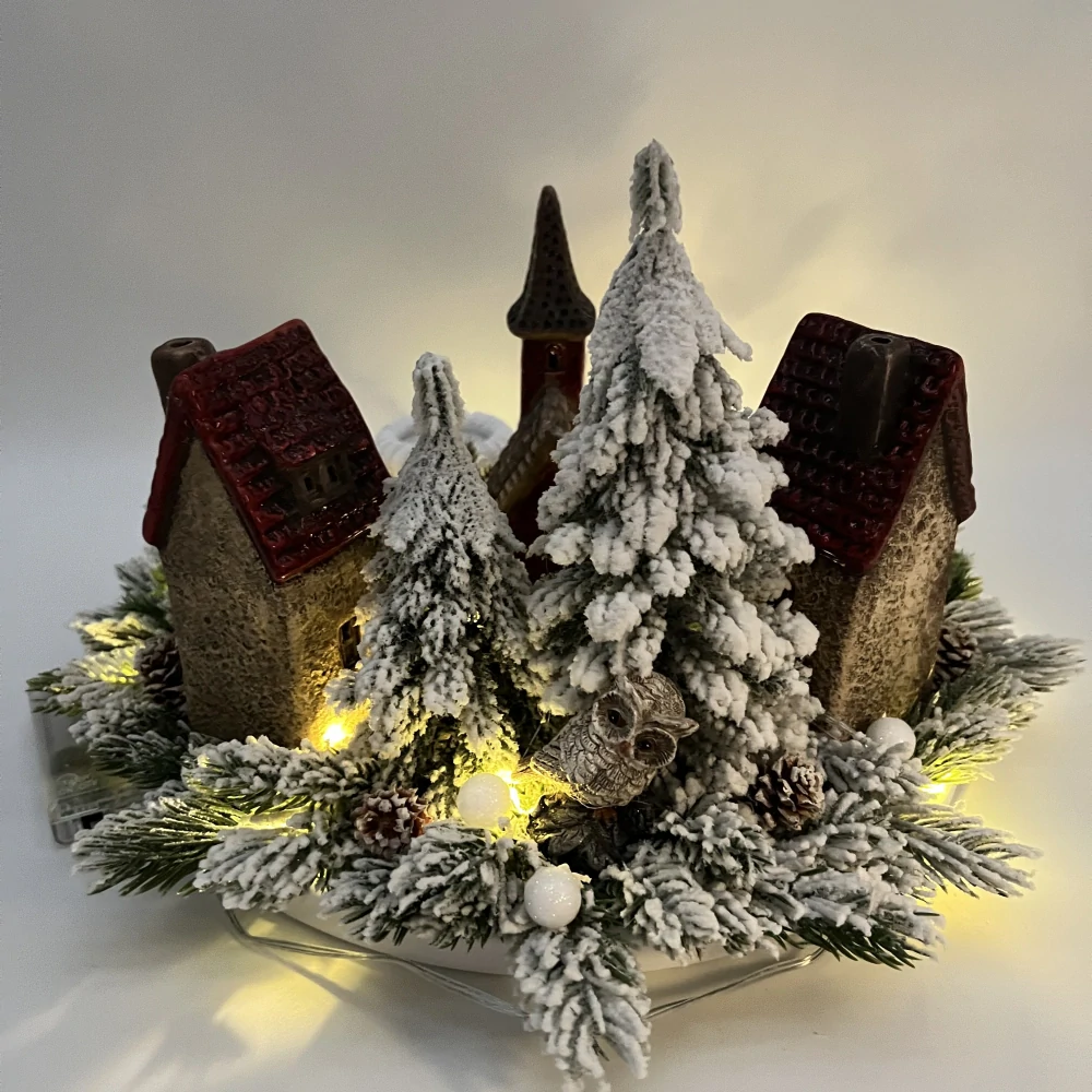 🎄🏘️ Adventní věnec s keramickými domečky a LED osvětlením ✨