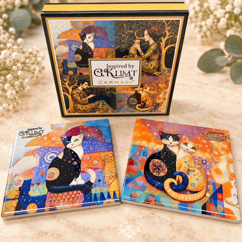 🐱🎨 Sada 2 keramických podtácků CARMANI – kočky ve stylu Gustava Klimta