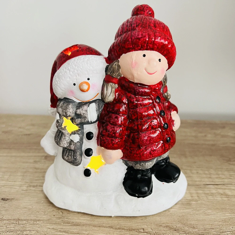 DEKORACE KERAMICKÁ FIGURKA DÍVKY SE SNĚHULÁKEM A LED OSVĚTLENÍM