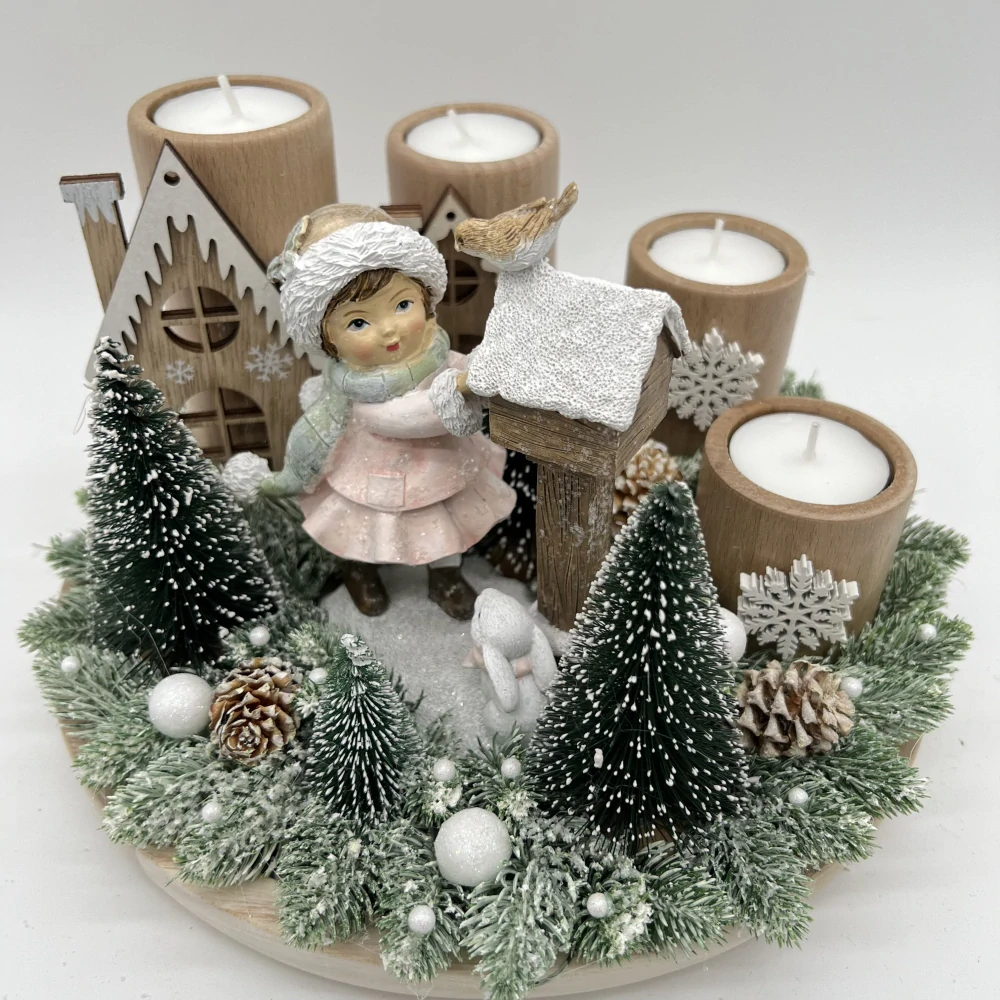 🎄 Adventní svícen s holčičkou a ptáčkem – zimní kouzlo domova 