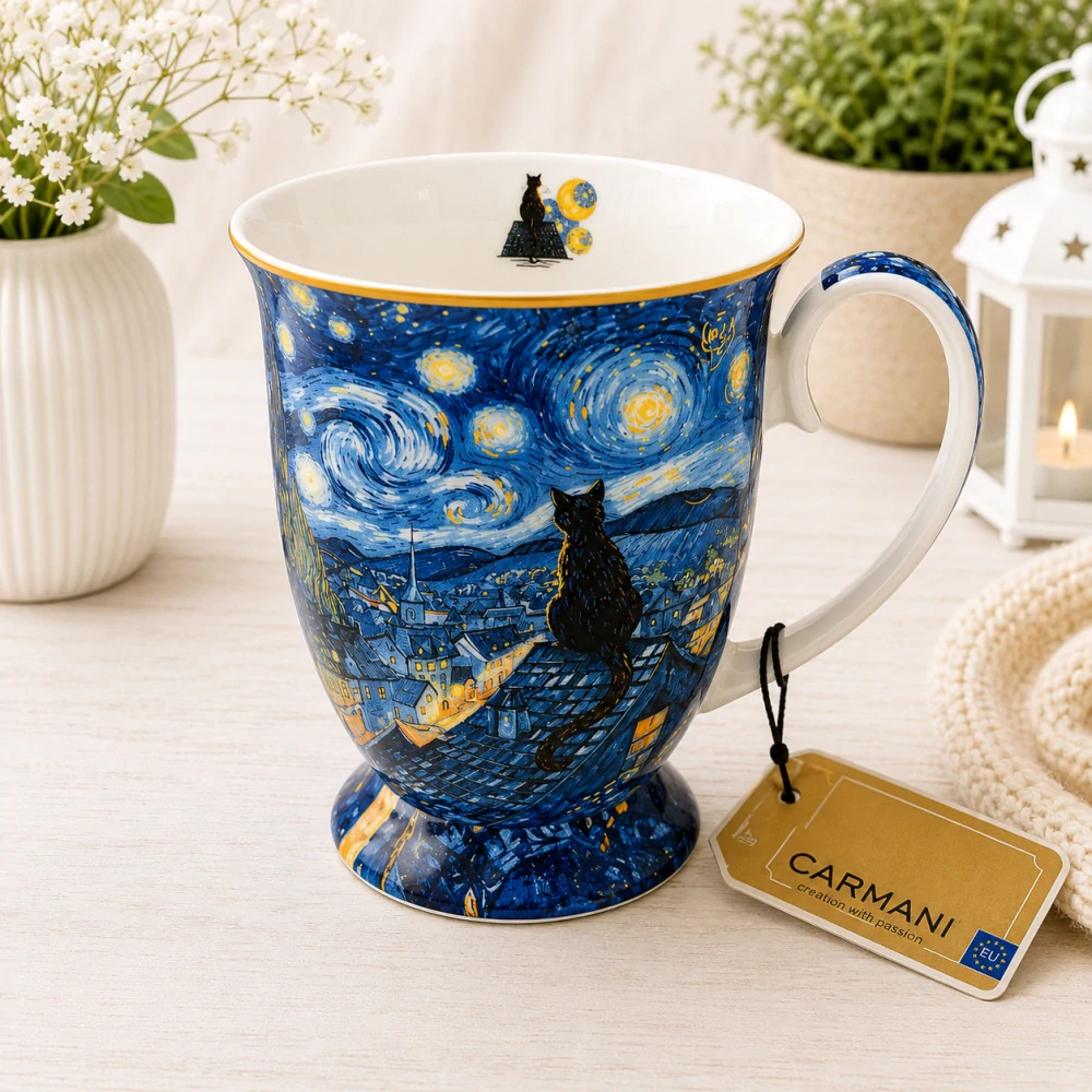 🎨💙 Dárková sada 2 porcelánových šálků ve tvaru srdce – inspirováno Vincentem van Goghem ❤️☕