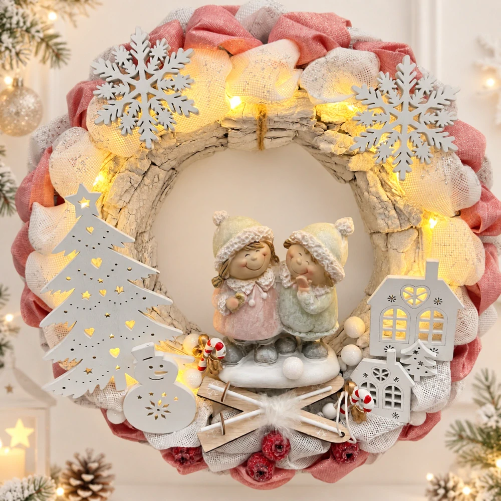 🎄 Vánoční svítící věnec – zimní děti ✨
