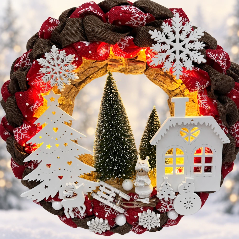 🎄❤️ Vánoční věnec s domečkem a LED osvětlením