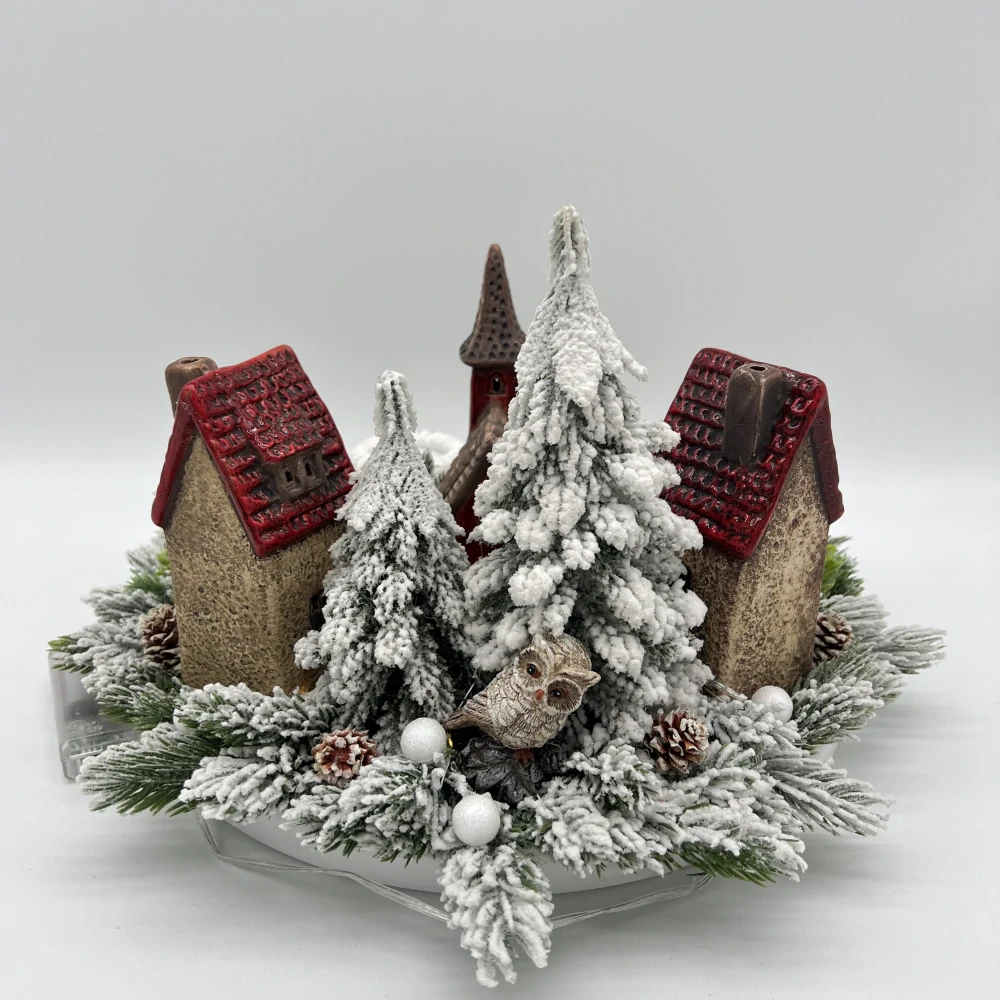 🎄🏘️ Adventní věnec s keramickými domečky a LED osvětlením ✨
