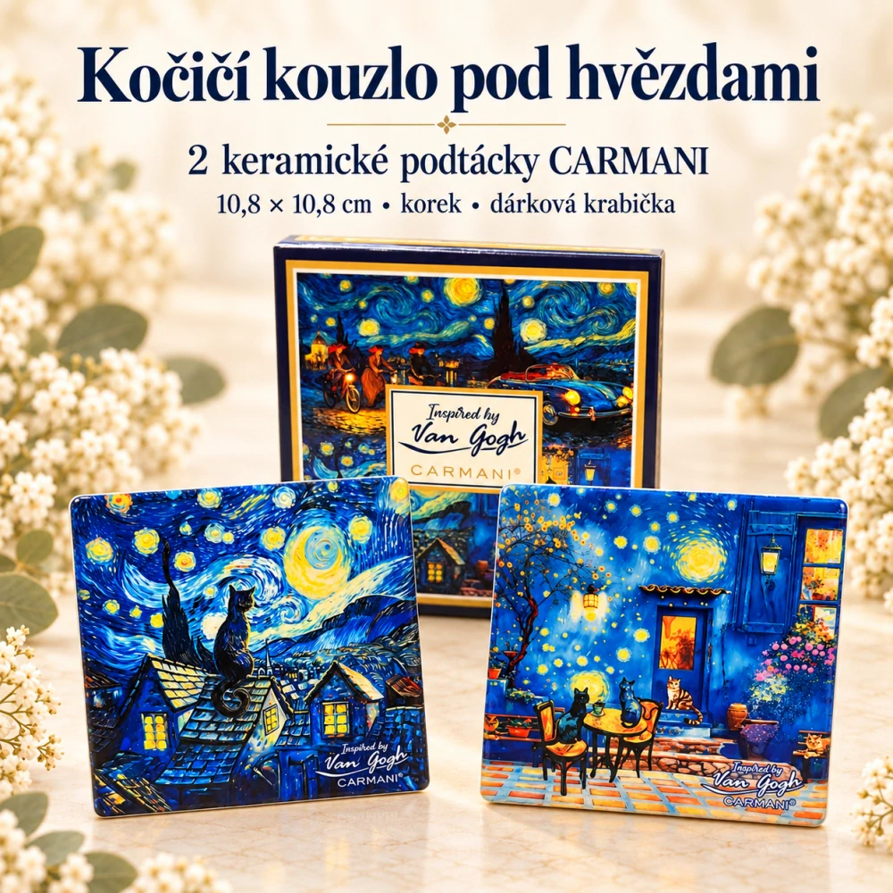 🐈⬛✨ Sada keramických podtácků CARMANI – Kočky pod hvězdnou oblohou