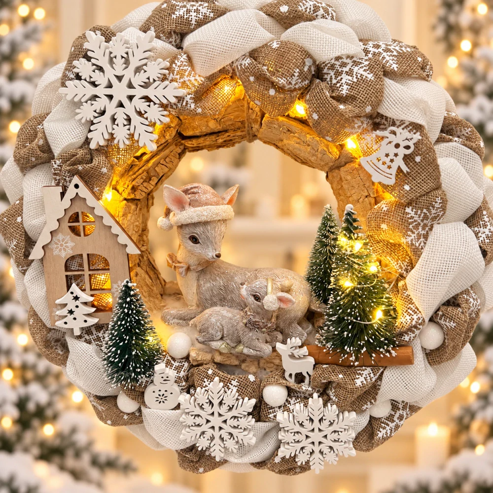 🦌❄️ Vánoční svítící věnec – srnka s kolouškem