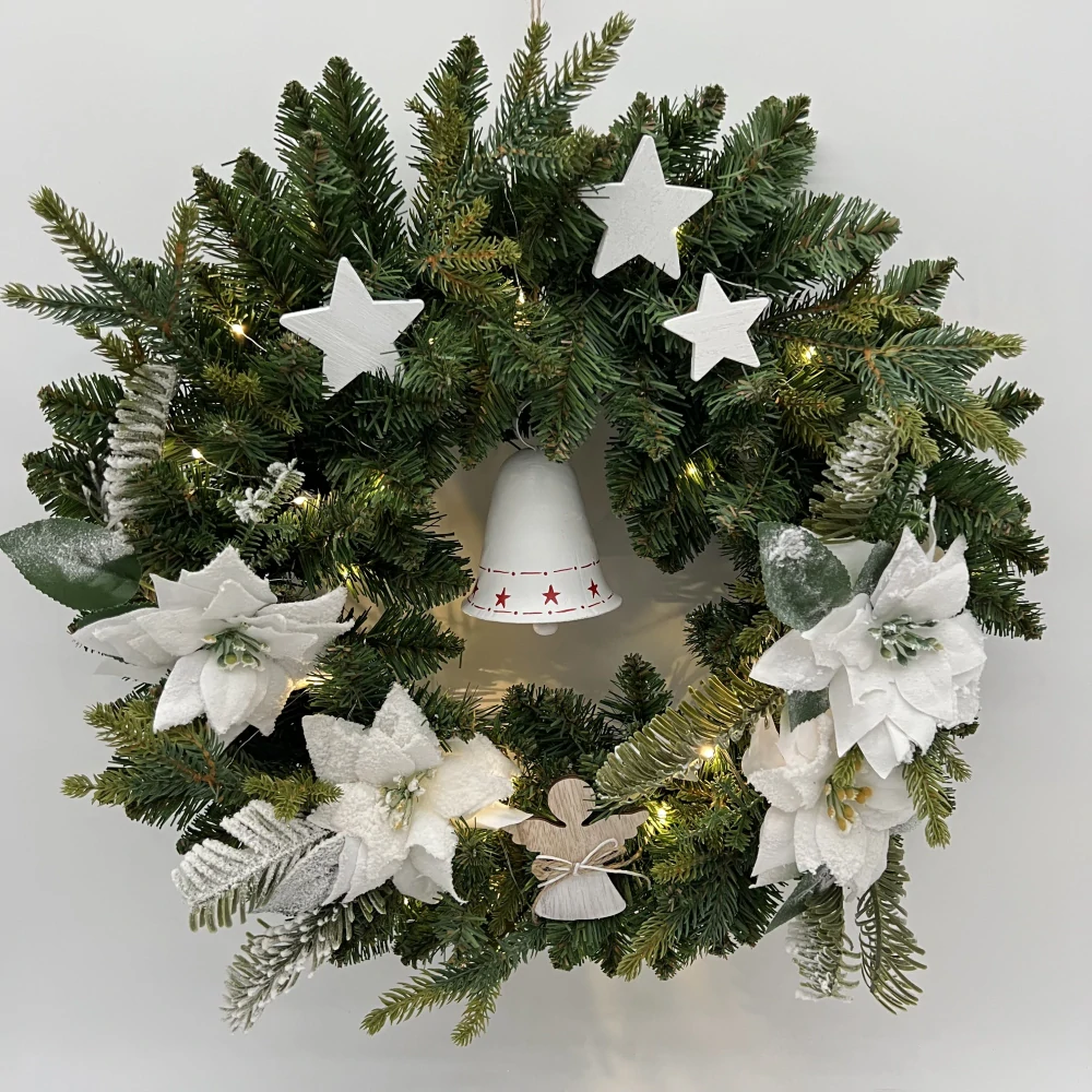 🌟 Svítící vánoční věnec „Bílá hvězda se zvonkem“