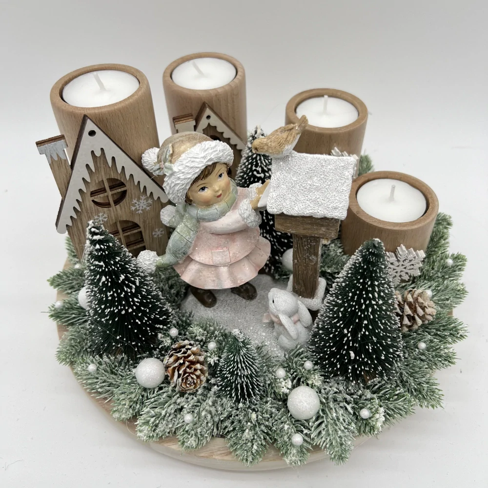 🎄 Adventní svícen s holčičkou a ptáčkem – zimní kouzlo domova 