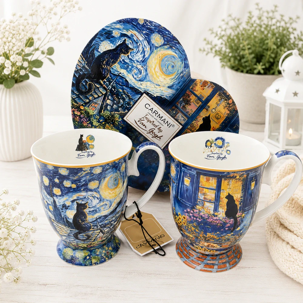 🎨💙 Dárková sada 2 porcelánových šálků ve tvaru srdce – inspirováno Vincentem van Goghem ❤️☕