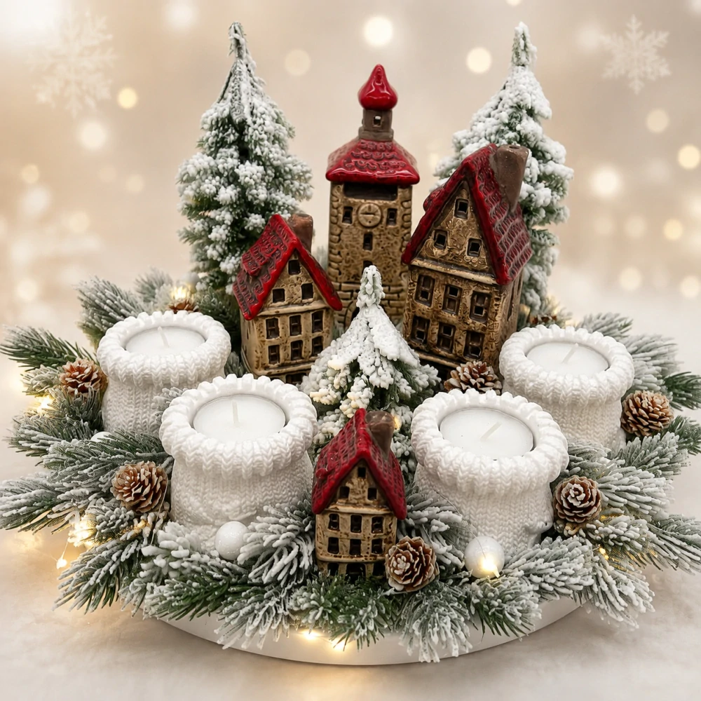 🎄✨ Adventní svícen s keramickými domečky a osvětlením ✨🎄