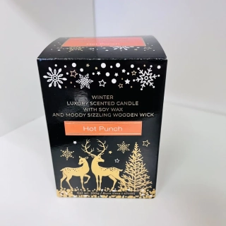 ZIMNÍ DEKORACE SVÍČKA S DŘEVĚNÝM KNOTEM VE SKLE V DÁRKOVÉM BALENÍ