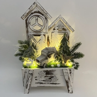 ZIMNÍ DEKORACE TRUHLÍK ZDOBENÝ S OSVĚTLENÍM 