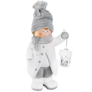 ZIMNÍ DEKORACE FIGURKA CHLAPCE S LUCERNOU NA ČAJOVOU SVÍČKU 