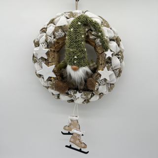 🎄 Zimní věnec se skřítkem a LED osvětlením – zelená čepice