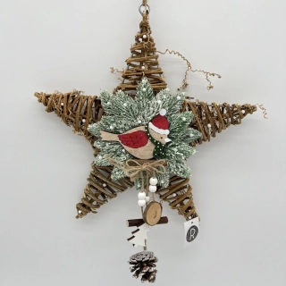 ⭐ Vánoční závěsná dekorace – proutěná hvězda s ptáčkem