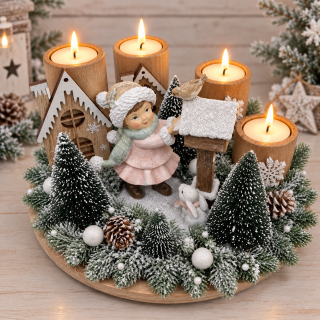 🎄 Adventní svícen s holčičkou a ptáčkem – zimní kouzlo domova