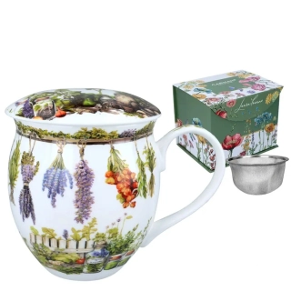 🌿 Hrnek buclák 450 ml se sítkem a víčkem – Botanické bylinky 🌿