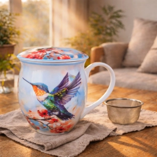 📝 Hrnek buclák 450 ml se sítkem a víčkem – Kolibřík 🐦🌺