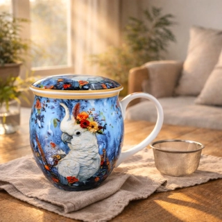 📝 Hrnek buclák 450 ml se sítkem a víčkem – Papoušek kakadu 🦜🌺