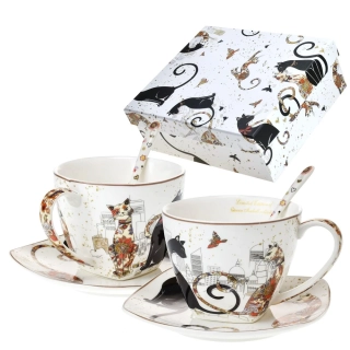 🐱 Šálek s podšálkem 250 ml + lžička – „Kočky v Paříži“ (sada 2 ks) 🗼