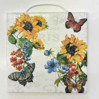 🌻 Zdobená keramická dlaždice – Slunečnice a motýli 🦋✨