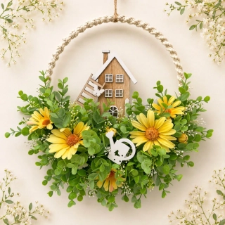 🌼 Jarní věnec se žlutými květy a domečkem 🏡