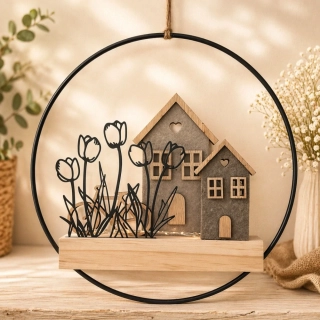 ✨ Dekorace s domečky v kovovém kruhu s osvětlením 🏡