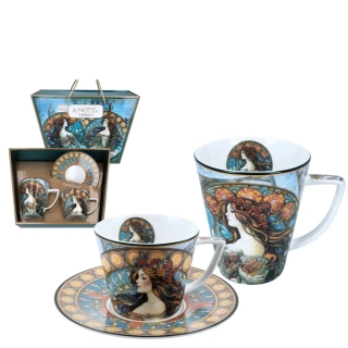 ☕🎨 Souprava hrnku a šálku s podšálkem – inspirace dílem Alfonse Muchy 🎨☕