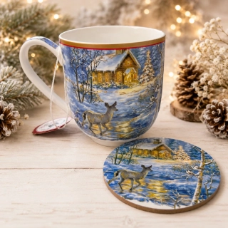 🎄☕ Vánoční hrnek s podtáckem Carmani – Zimní krajina, 470 ml ❄️🦌