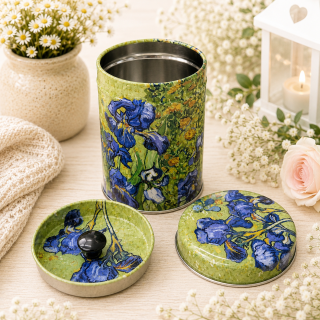 🎨☕ Plechová dóza na kávu, čaj nebo cukr – motiv Vincent van Gogh – Kosatce 💙🌿