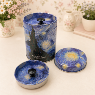 🎨☕ Plechová dóza na kávu, čaj nebo cukr – motiv Vincent van Gogh – Hvězdná noc 🌙✨