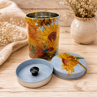 🌻☕ Plechová dóza na kávu, čaj nebo cukr – motiv Vincent van Gogh – Slunečnice 🎨💛